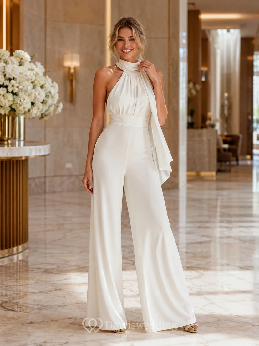 Elegant Second Look Halter High Neck Backless Wide Leg Wedding Jumpsuit
