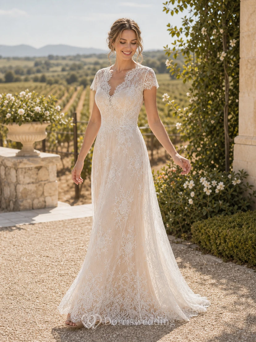 Vestido de novia de corte imperio con mangas cortas y espalda abotonada transparente. view 5