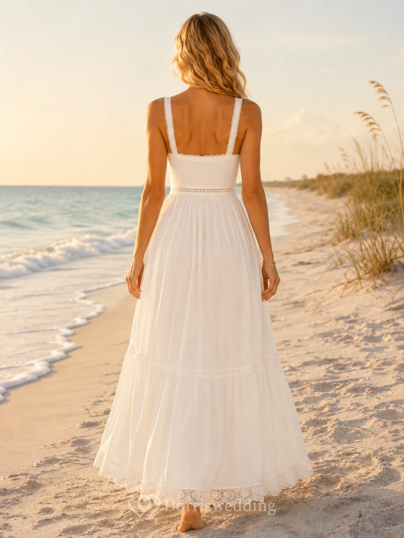 Lässiges Strandkleid mit Spaghettiträgern, Spitze, herzförmigem Ausschnitt, elfenbeinfarbenem Knöchellänge view 2