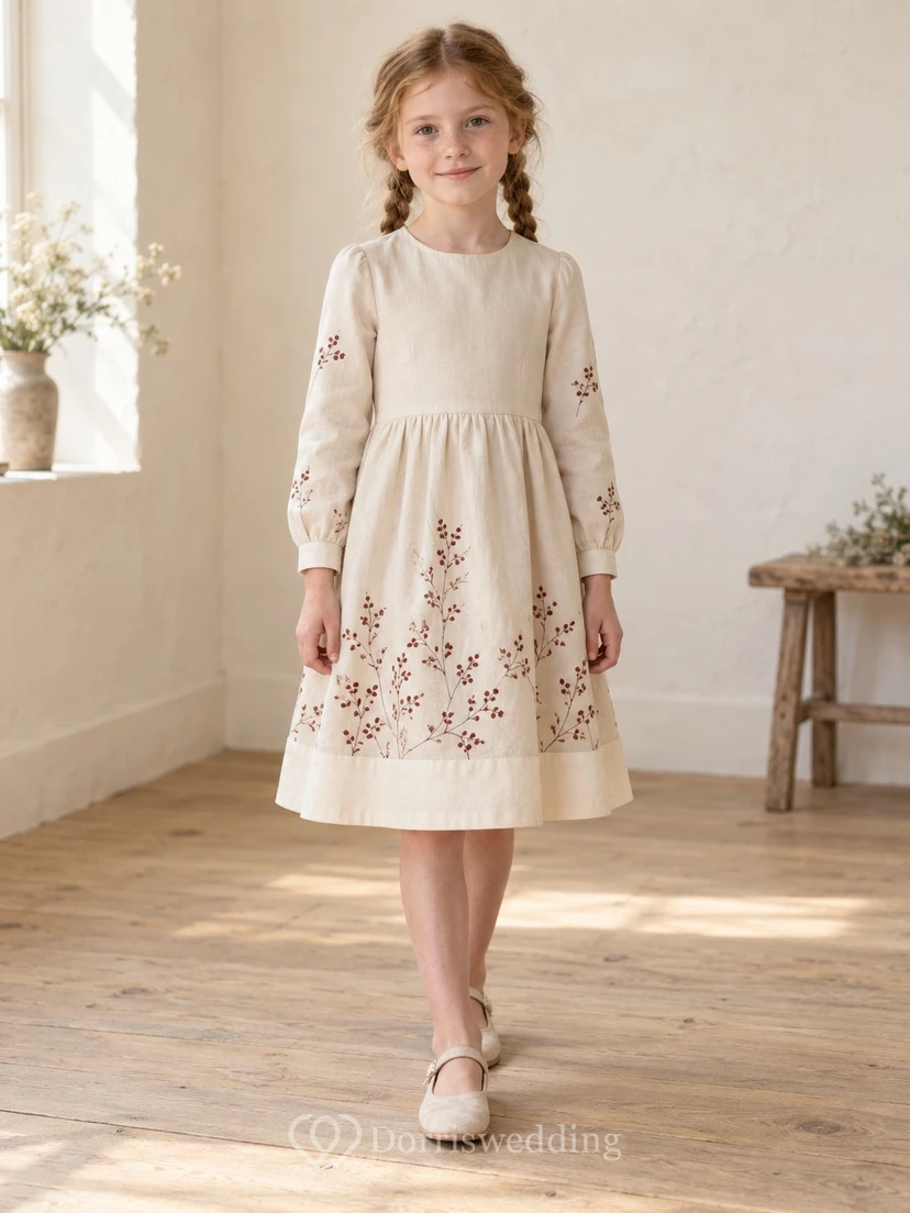 Schlichtes, dezentes, langärmeliges, cremefarbenes Teelängenkleid mit Bündchen aus Schmucksteinen, Beerenbordüre und gerafftem Saum im A-Linien-Stil für Blumenmädchen