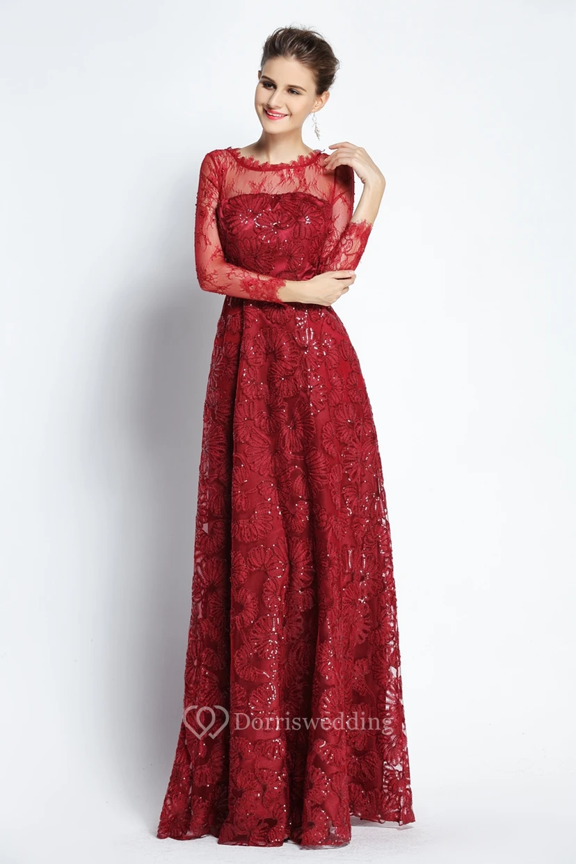 Robe de bal trapèze, longueur au sol, décolleté bateau, manches longues en dentelle festonnée et sequins view 3