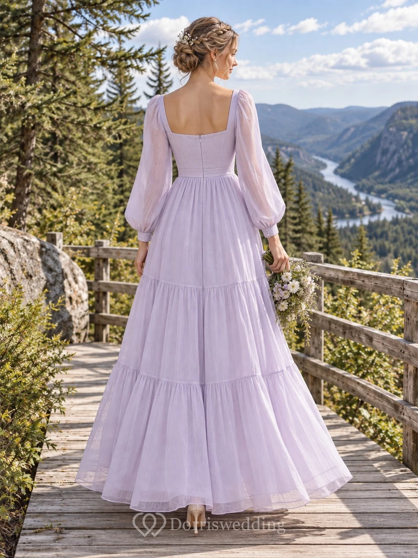 Puderviolettes Brautkleid mit eckigem Ausschnitt, Bischofsärmeln und gestuftem Baumwollvoile-Rock view 2