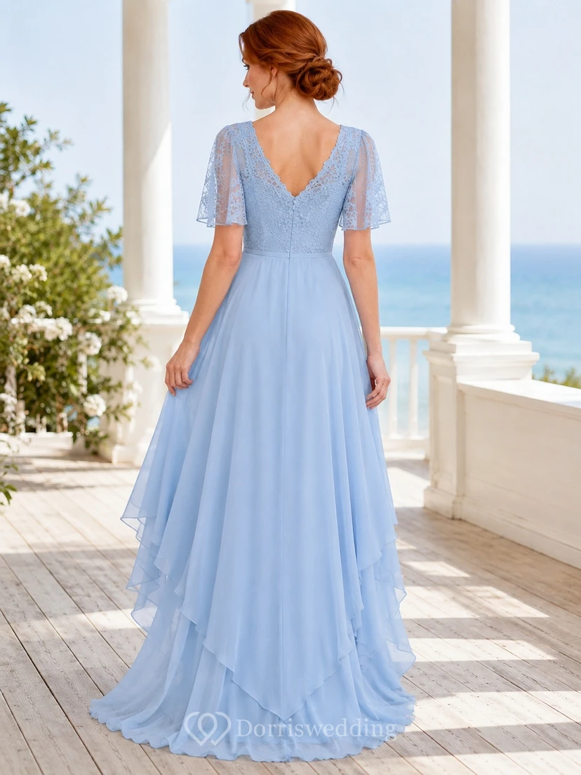 Sky Blue Chiffon V-Neck Short-Sleeve High-Low Evening Dress