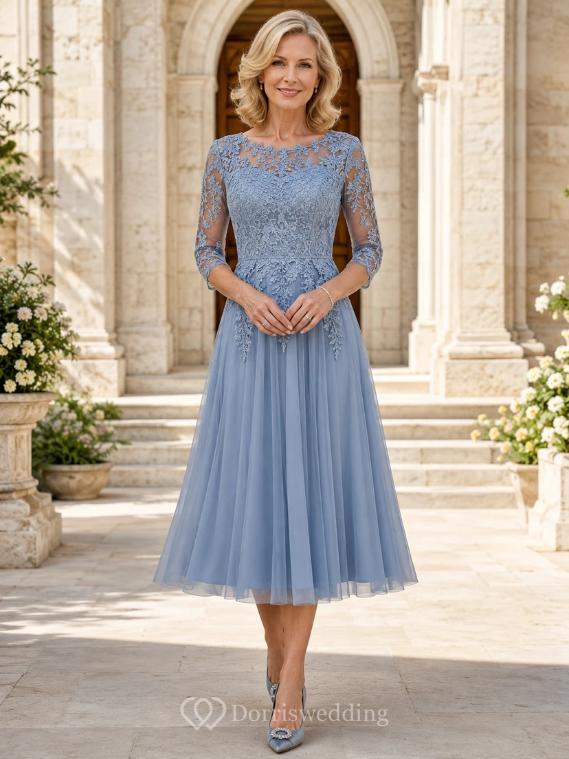 Dusty blue lace bodice tulle tea length mother dress