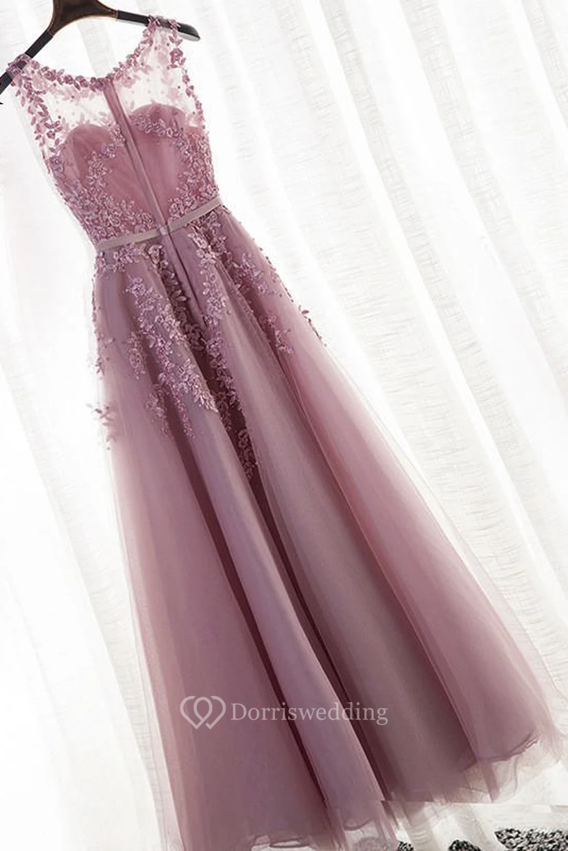Romantic Bateau Sleeveless Tulle Floor-length Dress With Floral Appliques And Beading view 2