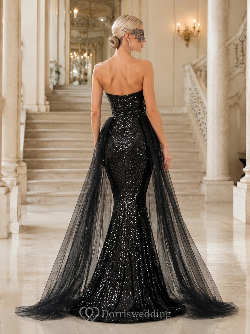 Black Strapless Sweetheart Sequined Mermaid Tulle Overskirt Masquerade Prom Evening Gown view 2