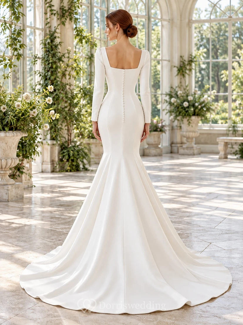 Simple Square Neck Long Sleeve Button Mermaid Wedding Dress view 2
