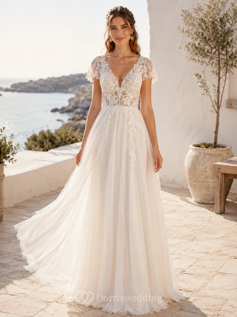 Bohemian Lace Tulle Intimate Wedding A Line V Neck Cap Sleeves Train