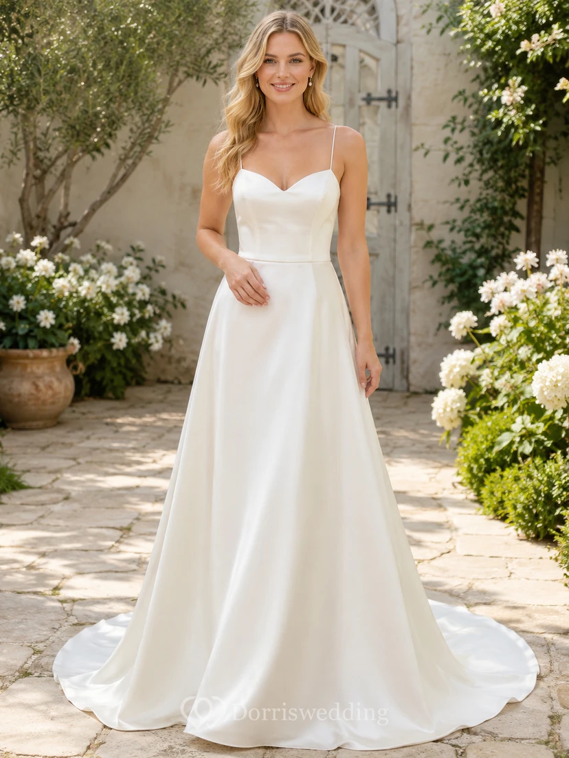 Minimalist Satin Wedding Dress A-Line Spaghetti Strap Sweep Train Bridal Gown