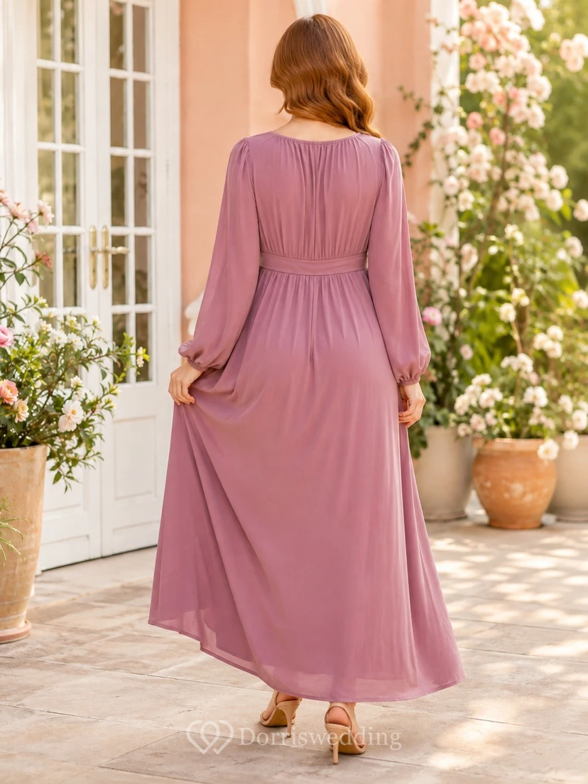 Mauve Maternity Ruched Scoop Neck Long Sleeve Empire Chiffon Dress view 2