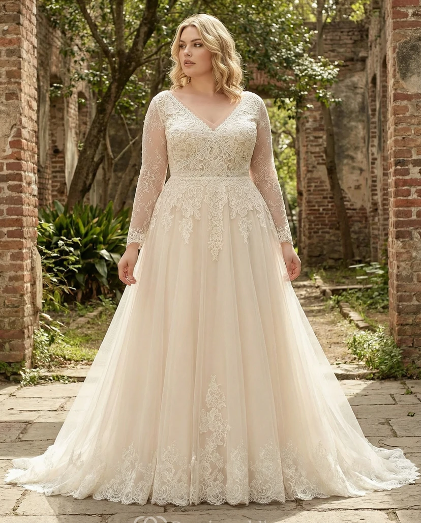 Vestido de novia sencillo de manga larga y escote en V