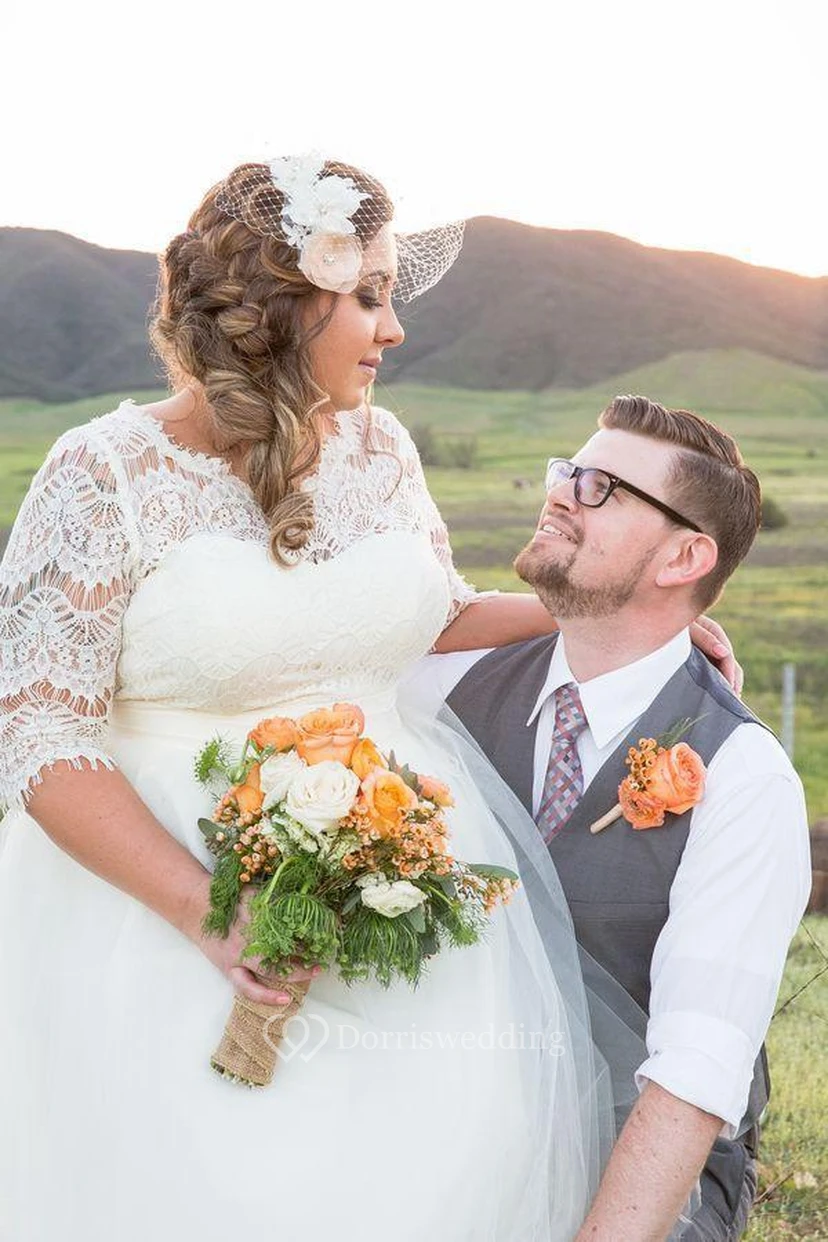 Robe de mariée élégante en dentelle illusion manches courtes, grande taille, coupe trapèze
