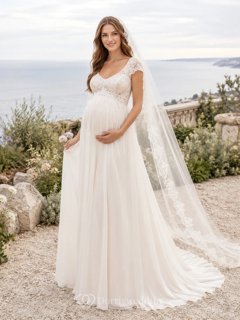 Vestido de novia de maternidad con mangas cortas y escote en V con velo para bodas en destinos exóticos