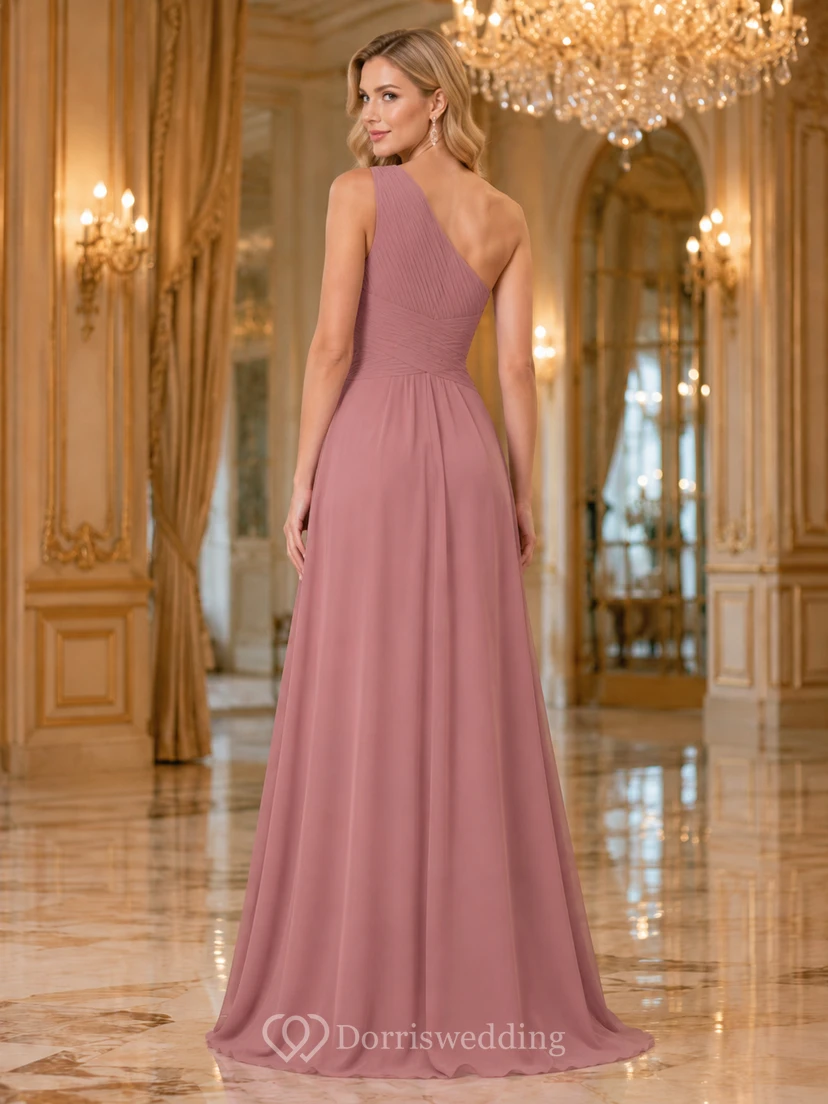 Grand Ballroom Formal Dusty Rose Simple Elegant A-Line Chiffon Bridesmaid Dress with One-Shoulder Sleeveless Floor-Length Pleated Open Back view 2