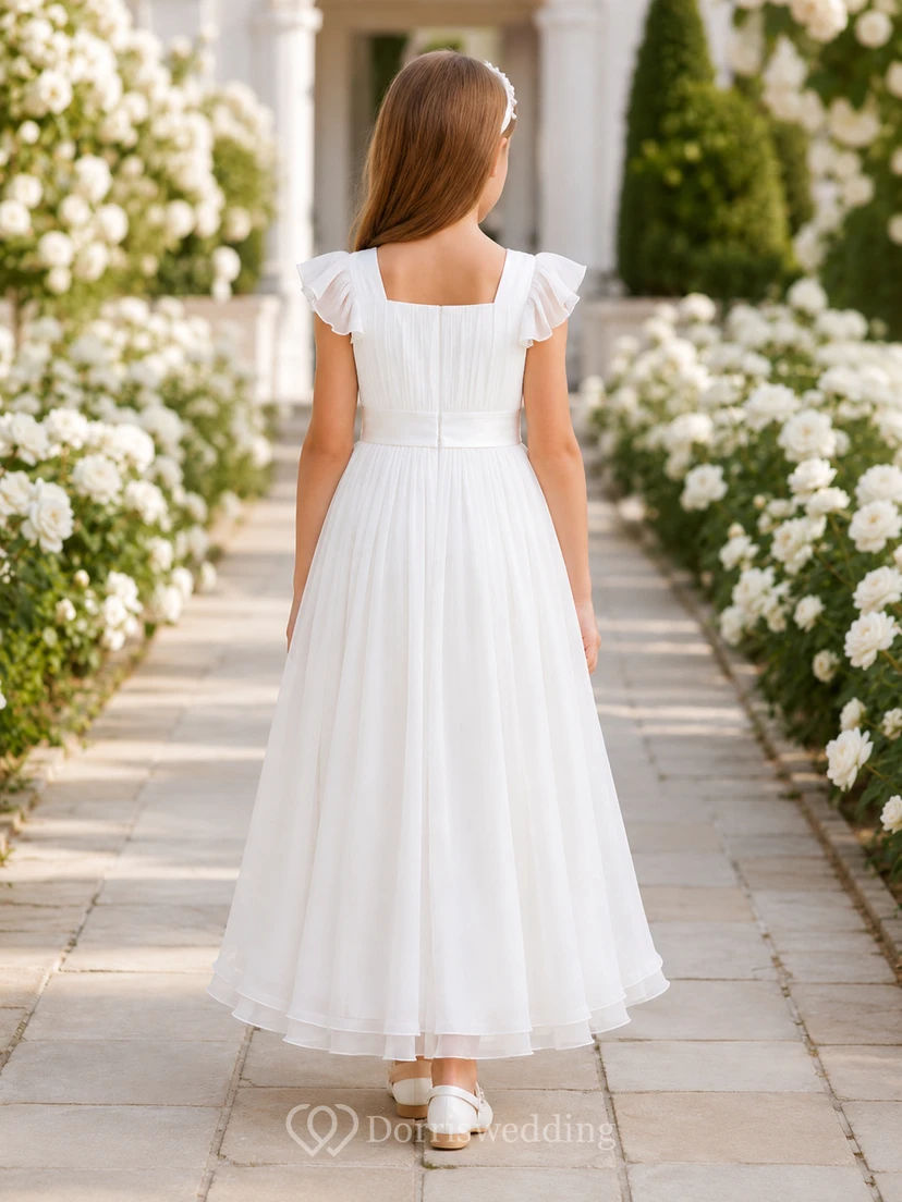 Vestido de té de tul para niña de las flores con cuello cuadrado y mangas con volantes para comunión. view 2