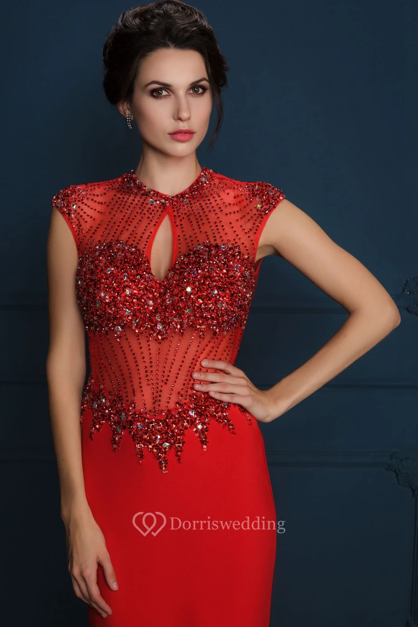 Sheath Floor-Length Crystal Cap-Sleeve Jewel-Neck Jersey Evening Dress view 4