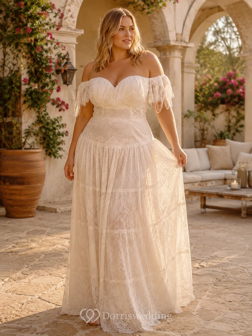 Vestido de novia bohemio de talla grande con hombros descubiertos, volantes y encaje con flecos