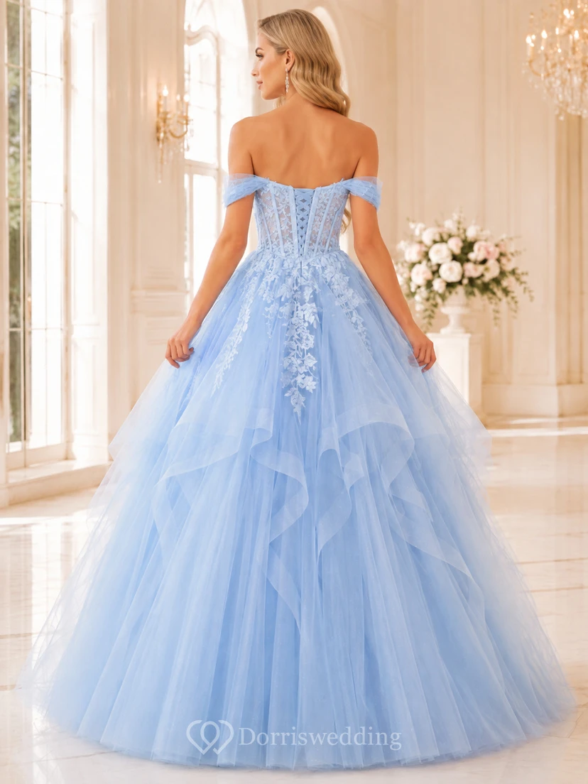 Vestido de fiesta largo hasta el suelo, azul cielo, con escote corazón, hombros descubiertos, apliques florales, cintura natural y volantes de tul. view 2