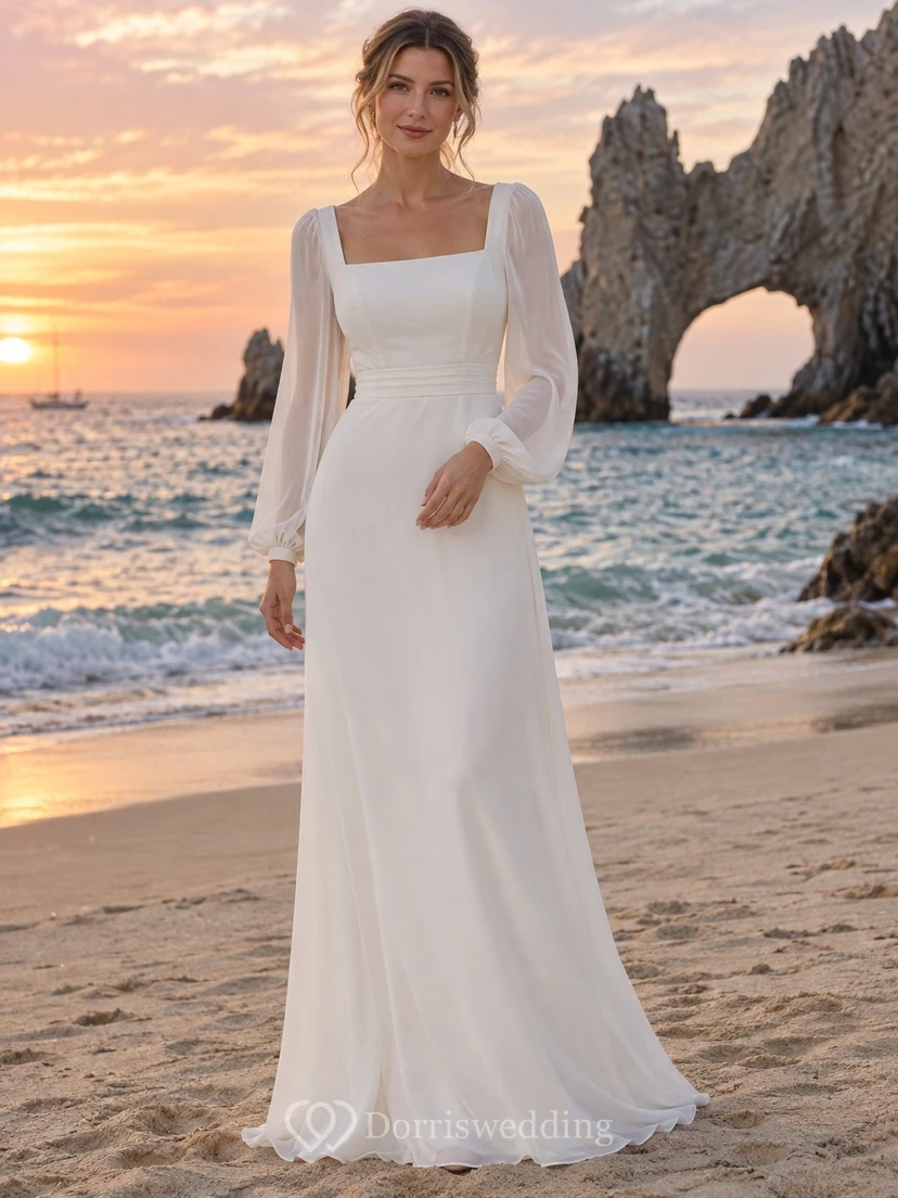 Simple Square Neck Long Sleeve Chiffon Wedding Dress with Softly Gathered Sheath Skirt