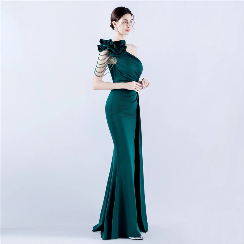 Vestido de noche de satén plisado con hombros descubiertos y escote alto, bordado a mano con cuentas y flores, para mujer. view 22