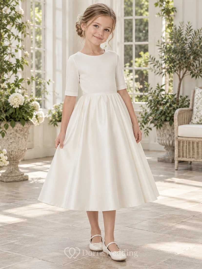 Simple Modest Tea-length Ivory Jewel Cuffed Half-sleeve Gathered Satin-skirt Zipper-back Flower Girl Dress