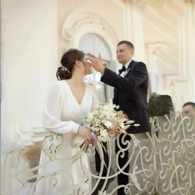 Timeless Sheer Sleeve Empire Waist Wedding Dress with V-Neck view 3