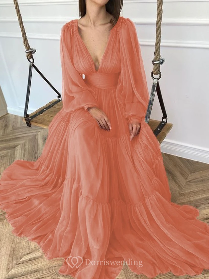 Sexy V-neck Puff Long Sleeve Chiffon Layered Empire Dress view 23