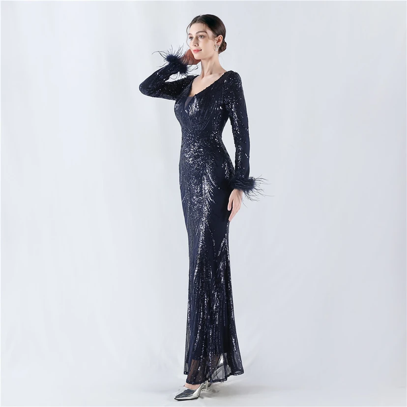 Robe de soirée haut de gamme ornée de perles florales fixes et de poils d'autruche, hôte de la réunion annuelle d'hiver view 39