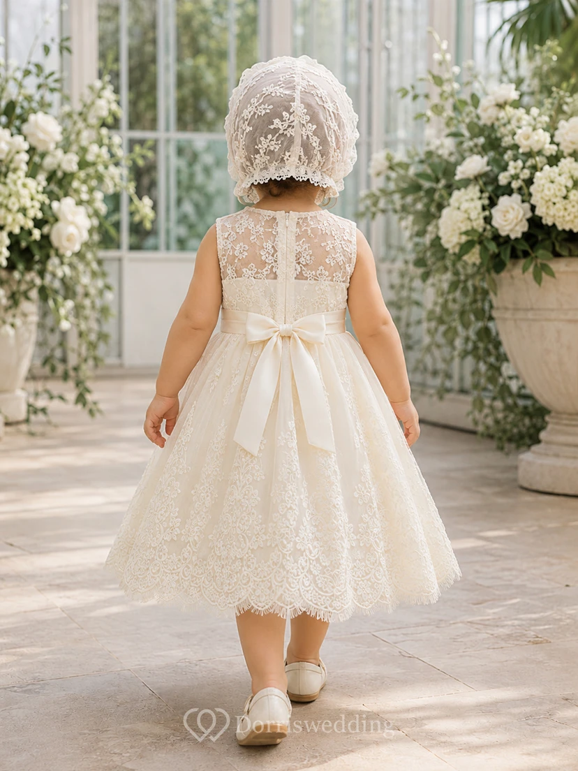 Baby Baptism Christening Ceremony Dress A-Line Tea-Length Jewel Neck Sleeveless Tulle Lace Bow Back Button Back view 2