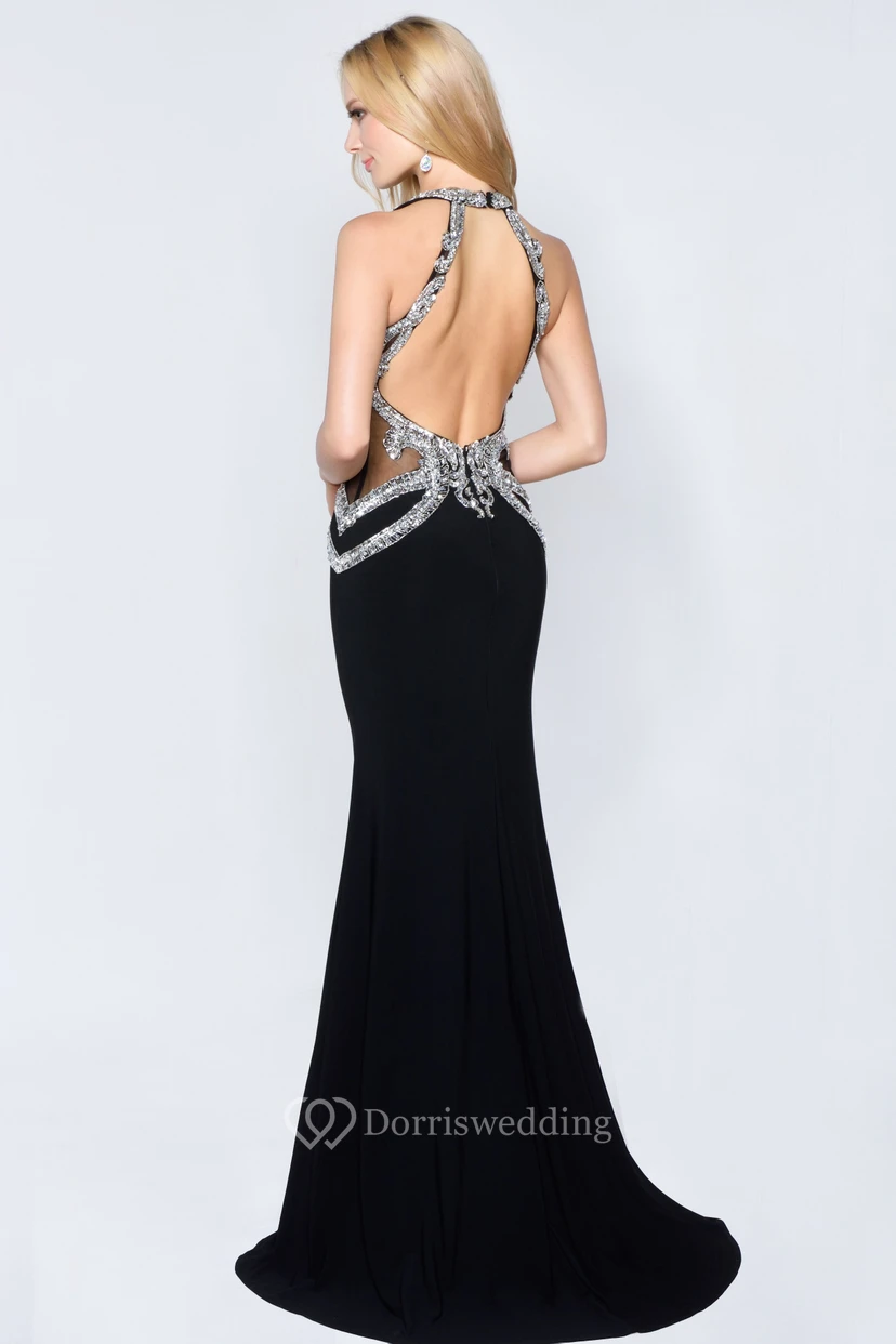 Sheath Maxi Jewel-Neck Sleeveless Jersey Straps Dress With Crystal Detailing view 2