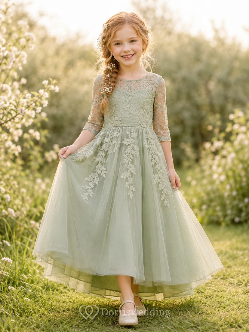 Salbeigrünes, schlichtes, knöchellanges A-Linien-Tüllkleid mit Ärmeln für Blumenmädchen bei Gartenhochzeiten