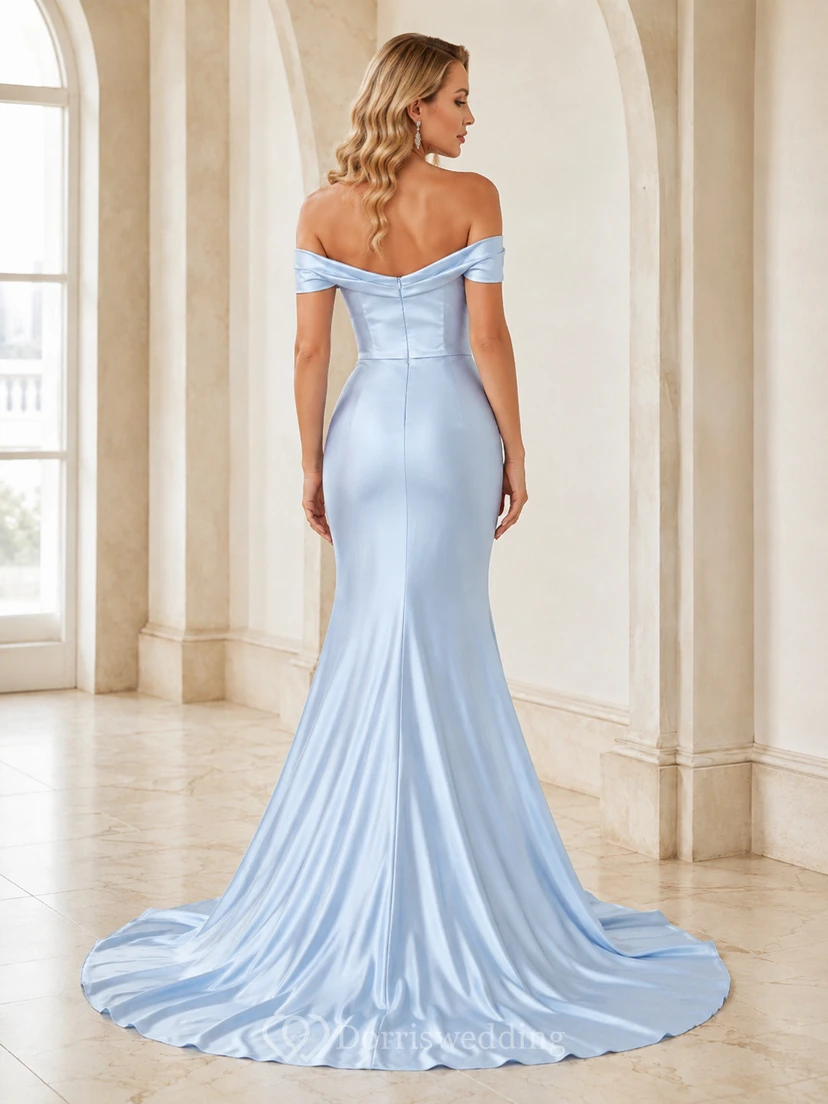 Sky Blue Satin Off Shoulder Slit Mermaid Evening Dress view 2