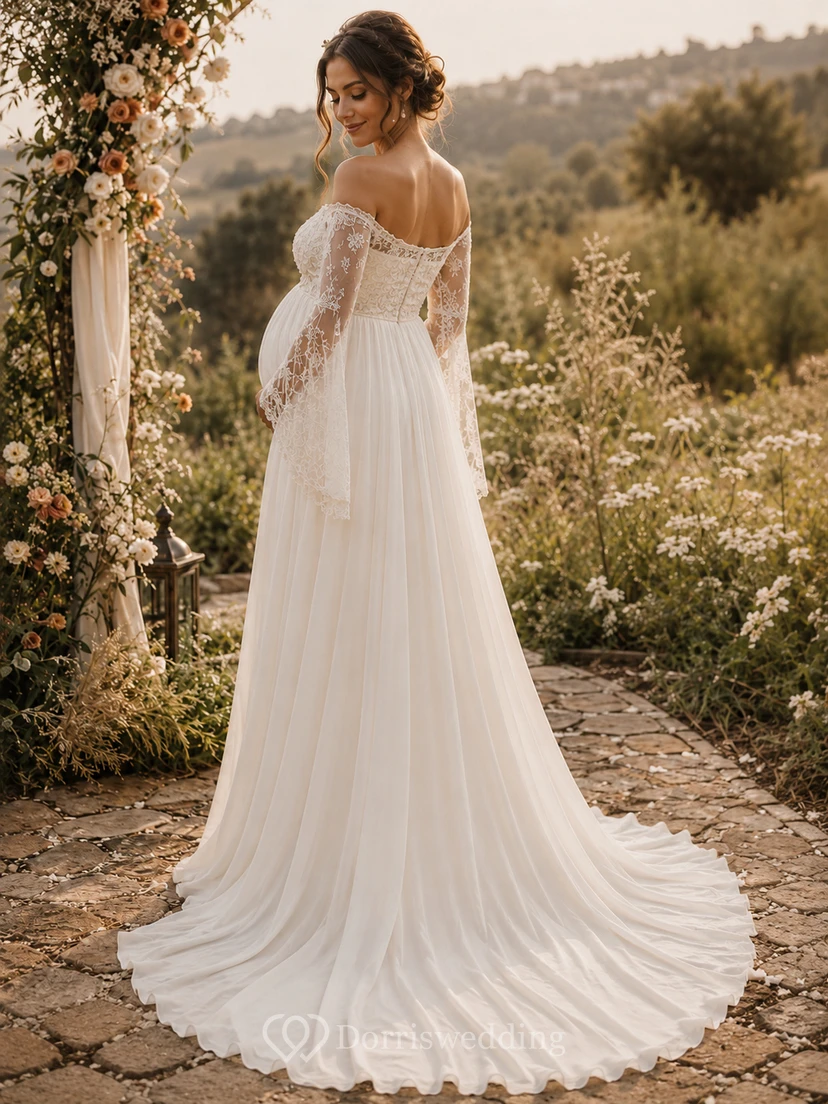 Boho Maternity Off-the-Shoulder Wedding Dress with Lace Bell Sleeves & Empire Chiffon A-Line Train view 2