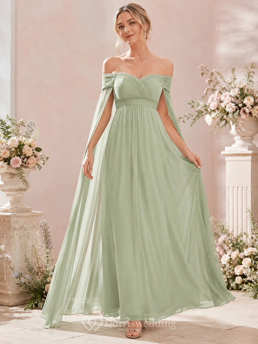 Sage off shoulder chiffon A-line bridesmaid dress with bow