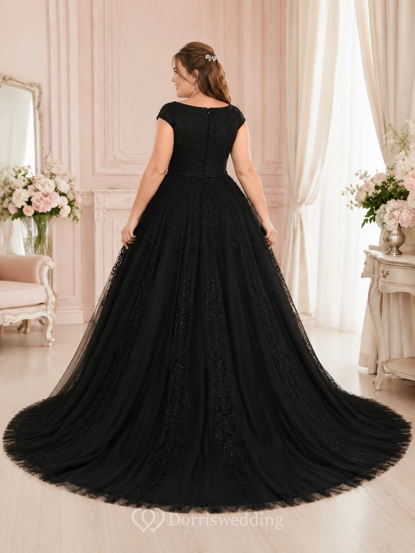 Modest Black Plus Size Bateau Cap Sleeve Lace Ball Gown Wedding Dress view 2