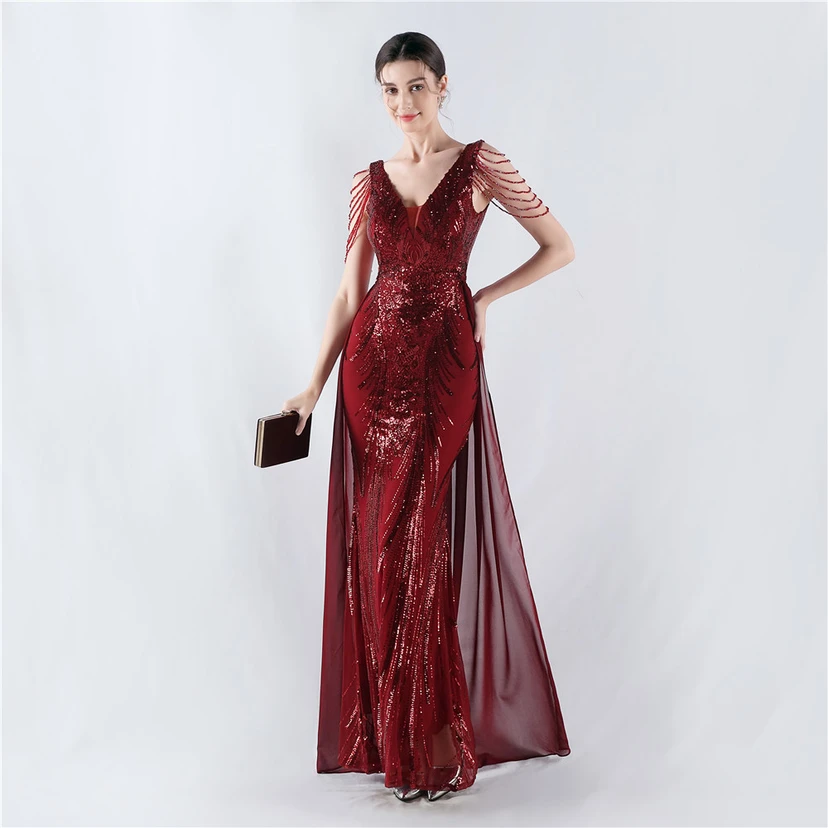 Paillettenbesetzte Blumen mit Cape-Stickerei, hochwertiges Abendkleid, ideal für die Ausrichtung der Jahrestagung view 5