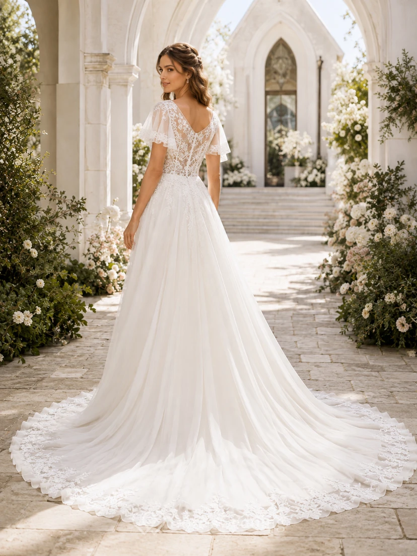 Robe de mariée en mousseline de soie à col en V, manches pétales, dentelle florale appliquée, coupe trapèze, dos nu plongeant et traîne chapelle view 2