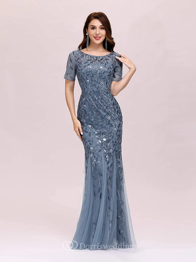 Vestido de sirena vintage de manga corta, largo hasta el suelo, de tul con lentejuelas y pliegues.
