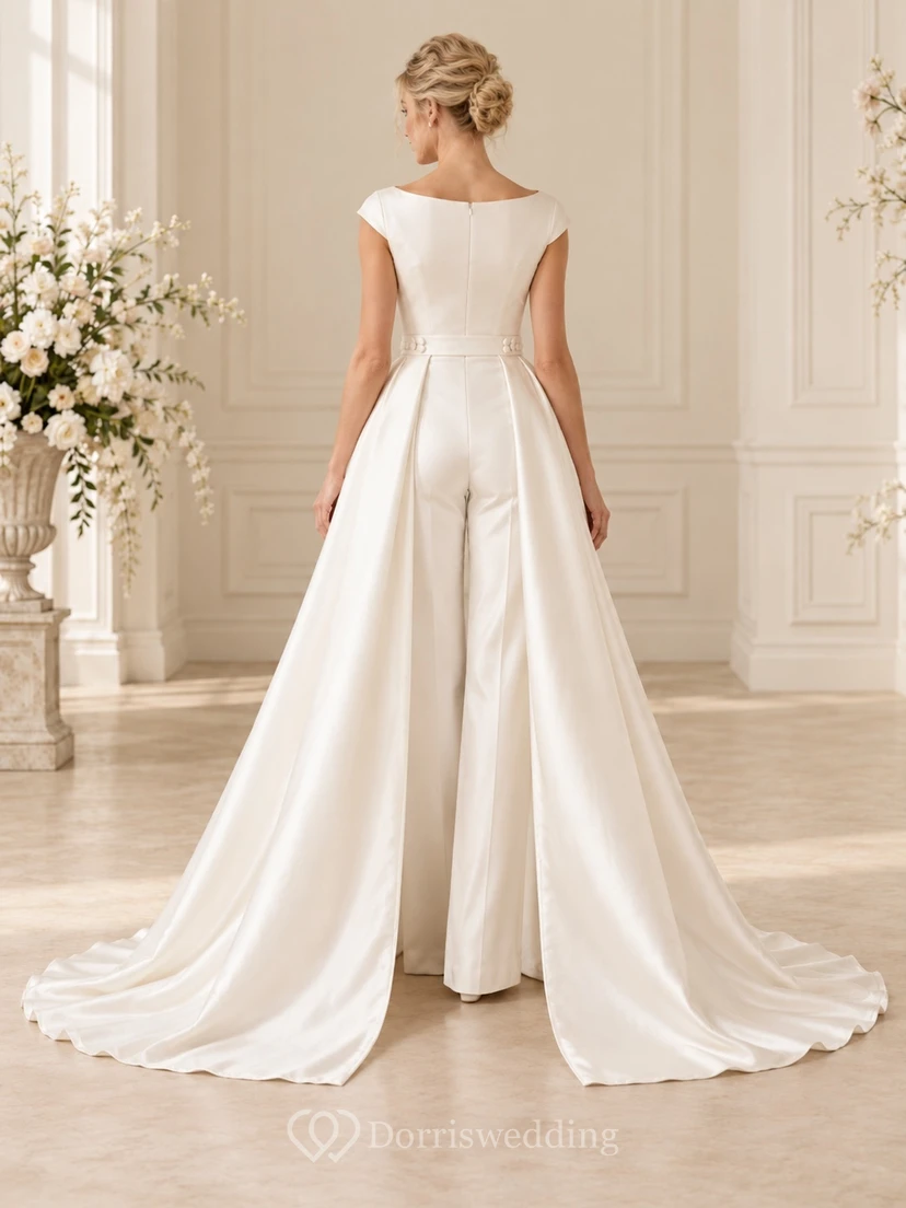 Boat Neck Cap Sleeve Bow Waist Overskirt Bridal Jumpsuit view 2