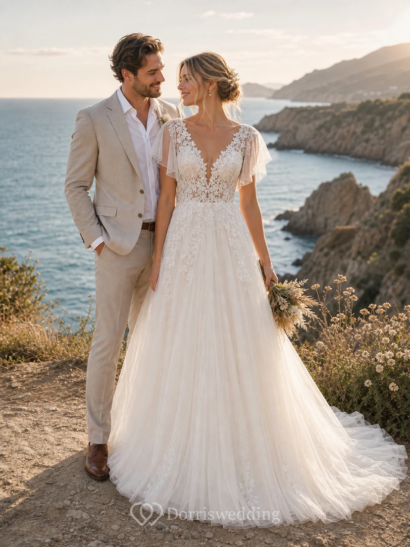 Robe de mariée bohème trapèze avec manches papillon et corsage en dentelle view 5