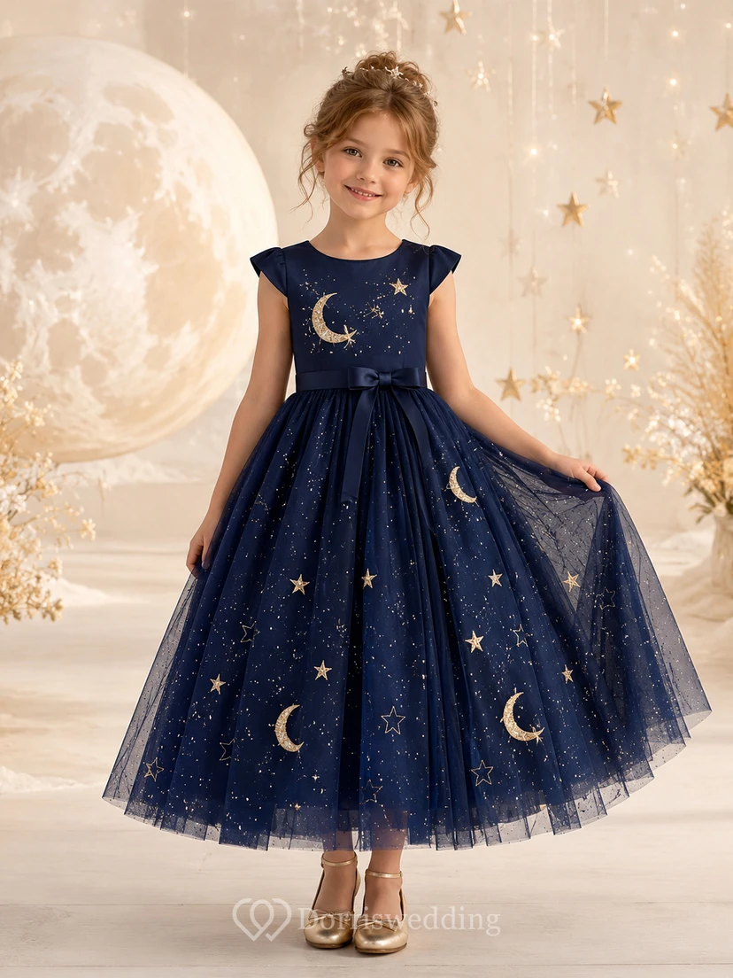 Flower Girl Dress A-Line Navy Moon Star Tulle Cap Sleeve Formal Party