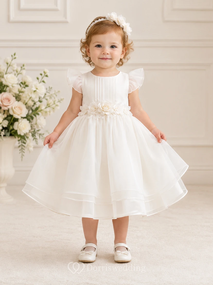 Flutter Sleeve Baptism Dress A-Line Organza Tulle Jewel Neck Bow Waist