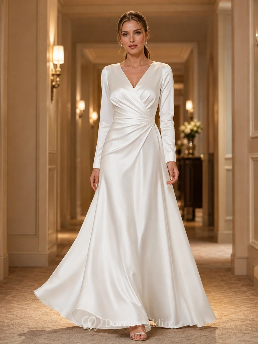 Vestido de novia formal sencillo de satén con escote en V y manga larga, corte en A