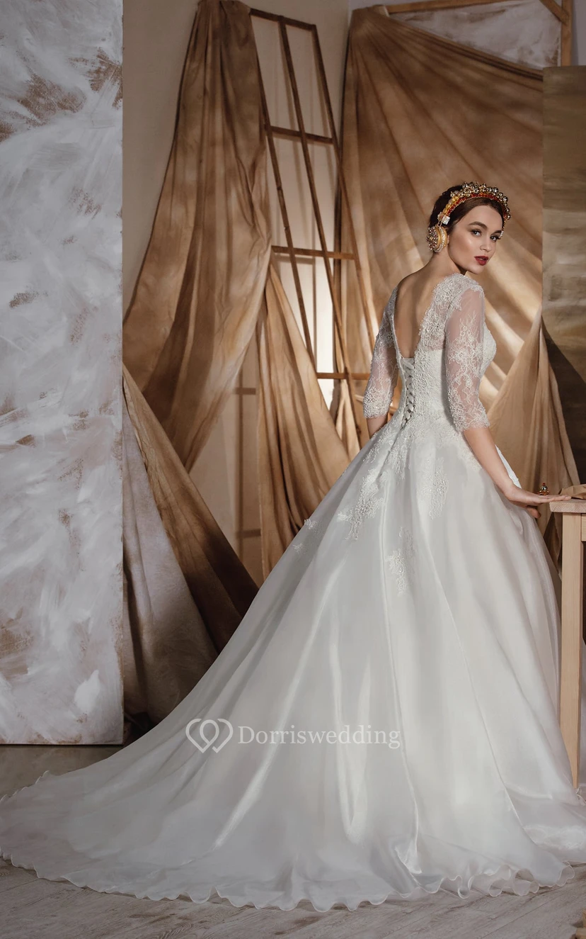 A-Line Floor-Length Bateau Half-Sleeve Low-V-Back Organza Dress With Lace view 3
