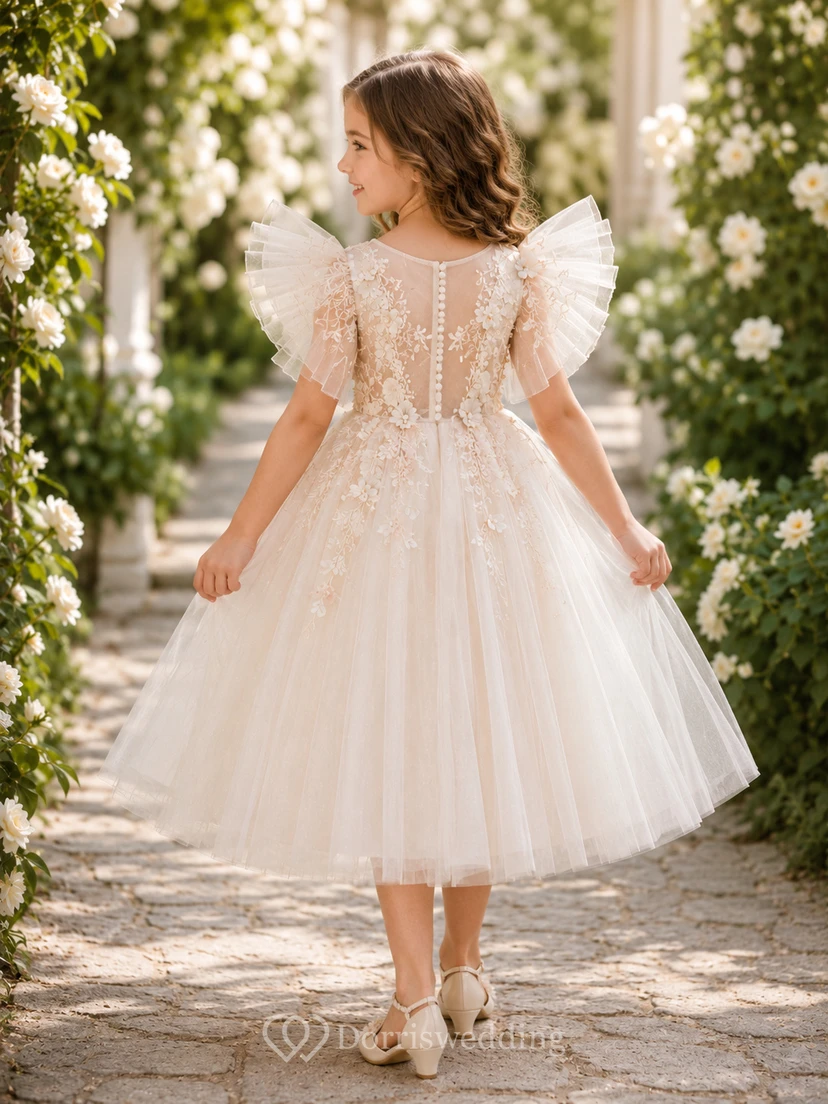 Flower Girl Dress A-Line Cream Fairy Wing Tulle Floral Sleeve Reception view 2