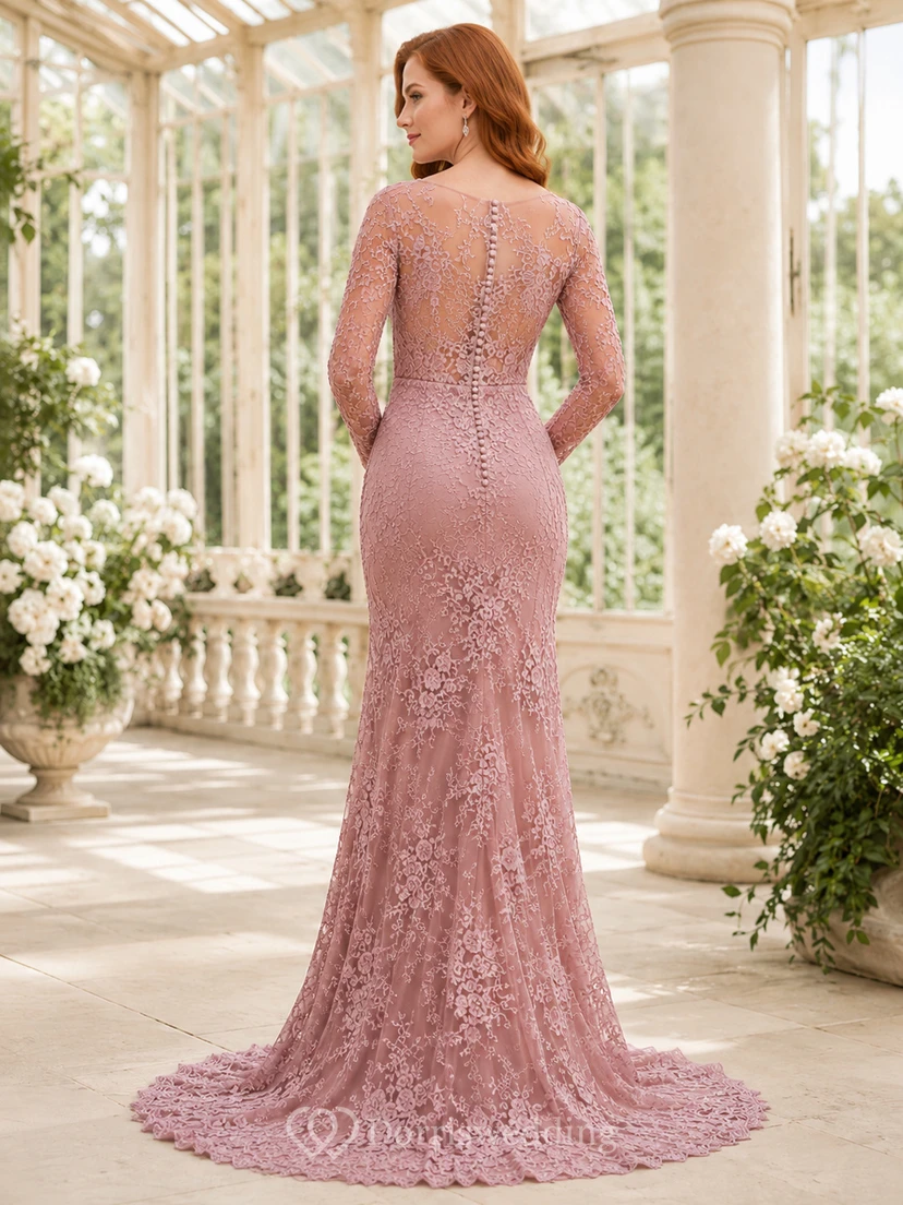 Dusty Rose Long Sleeve Lace Mermaid Formal Dress view 2