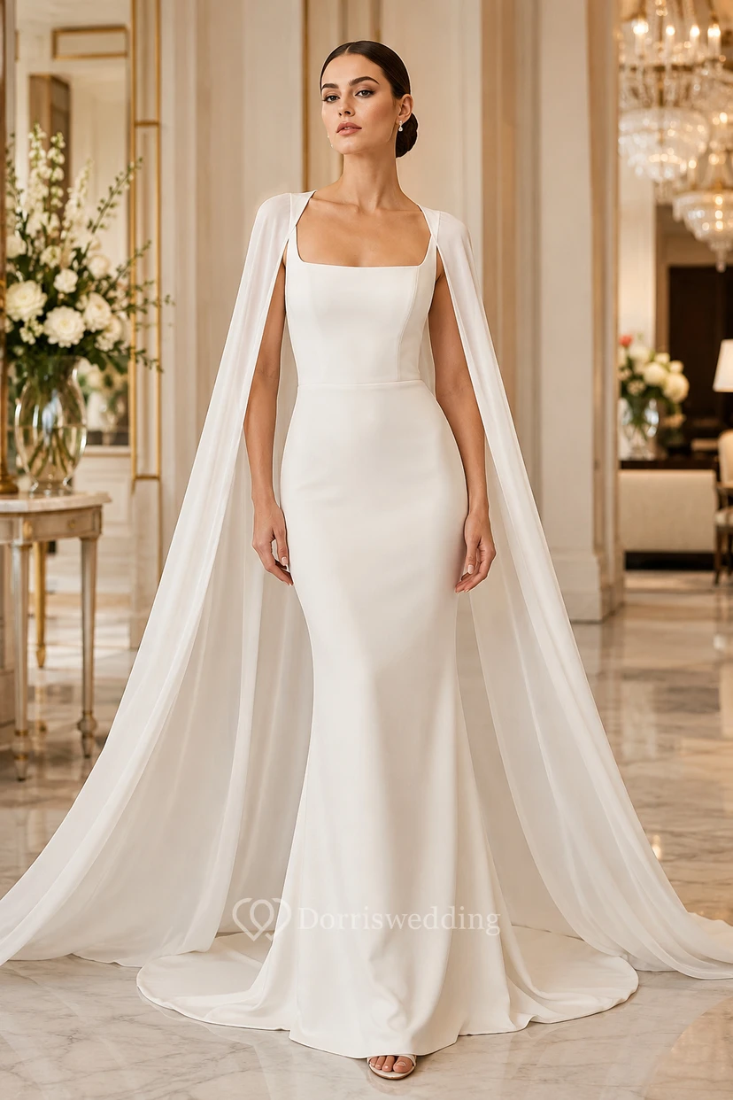 Robe de mariée fourreau en satin et tulle, col carré, sans manches, traîne.