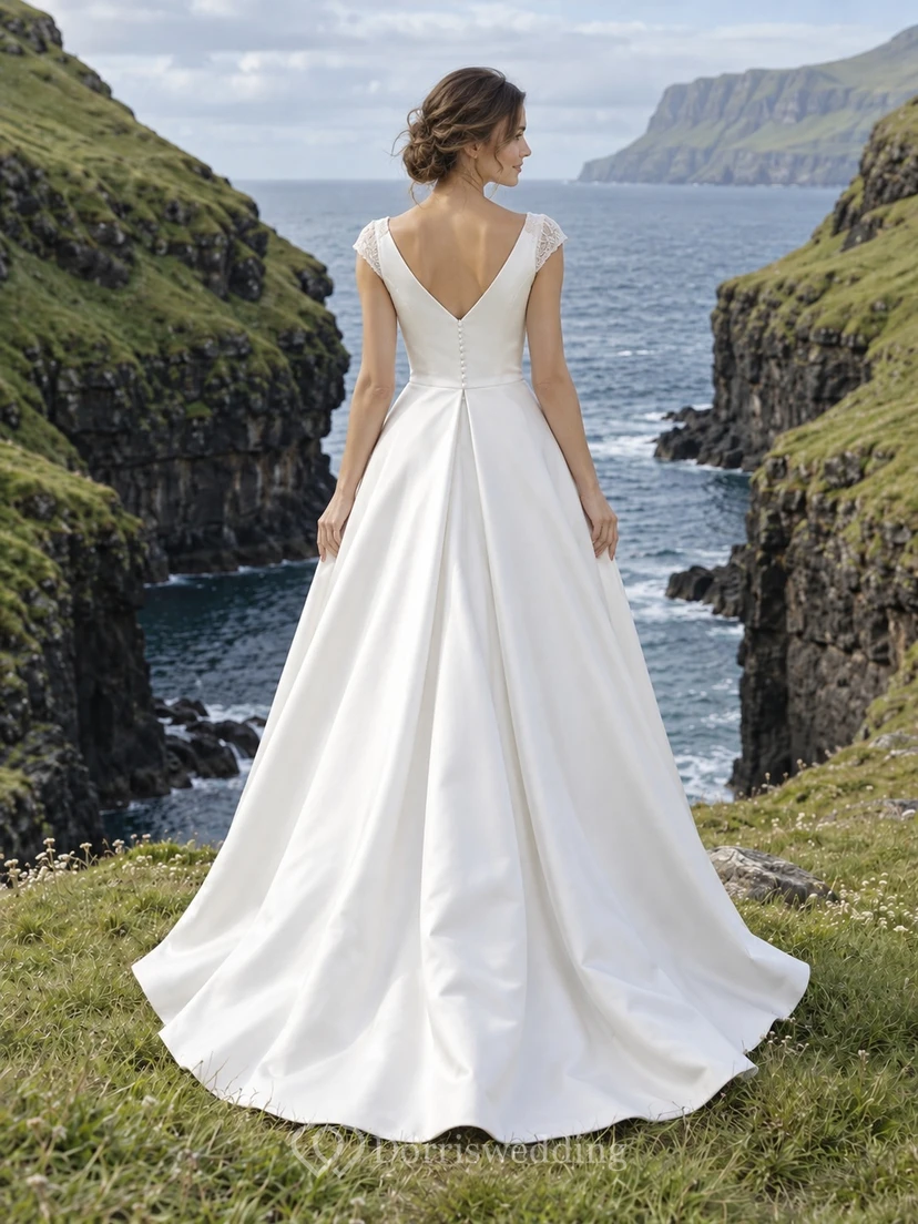 Vestido de novia de satén con escote en V, mangas cortas, corte en A, hombros de encaje y falda plisada. view 2
