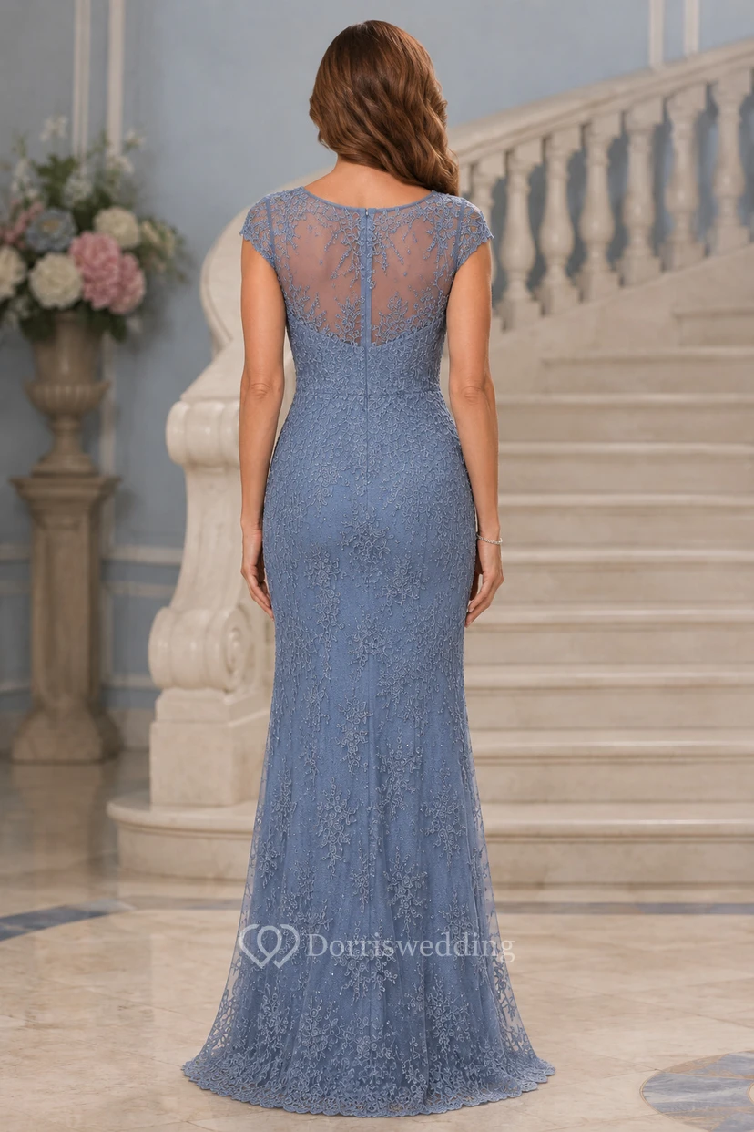 Vestido de encaje azul pizarra con mangas cortas estilo sirena para la madre de la novia view 2