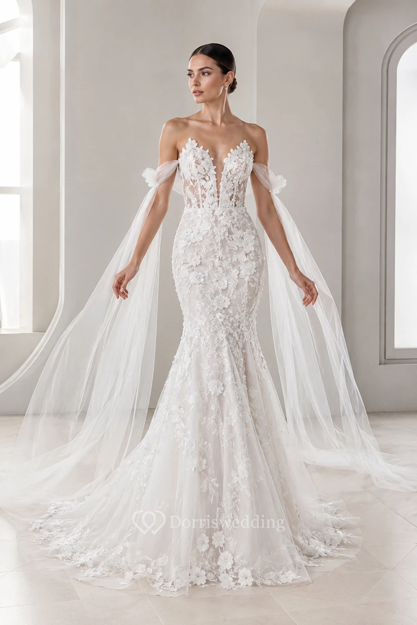 Schulterfreies Meerjungfrauen-Brautkleid aus Spitze mit Cape-Schleppe